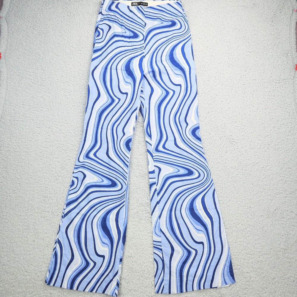 ZARA Womens Linen Blend Pants Sz S Split Hem Blue White Swirl Print Retro Wide